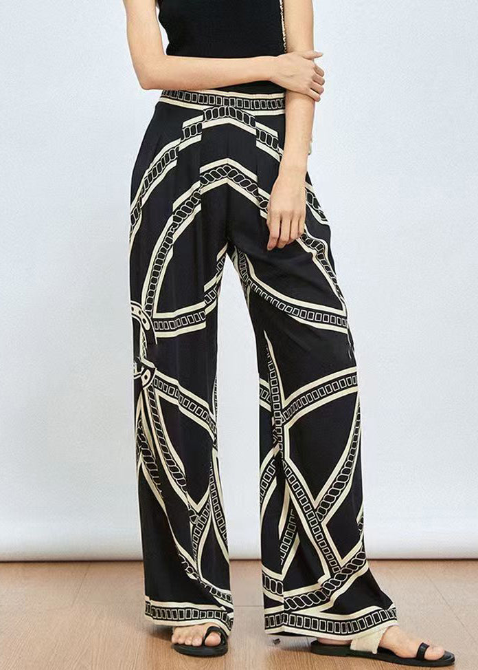 New Black Print High Waist Ice Silk Wide Leg Pants Summer