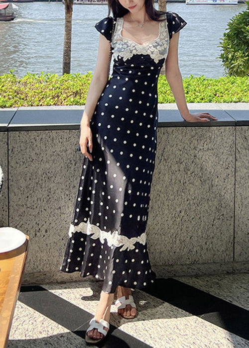 New Black Print Lace Patchwork Long Dresses Summer