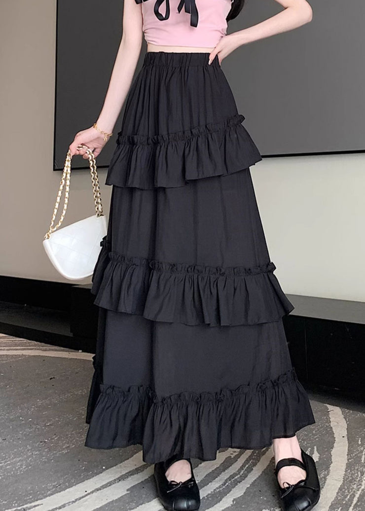 New Black Ruffled Elastic Waist Cotton Skirt Summer