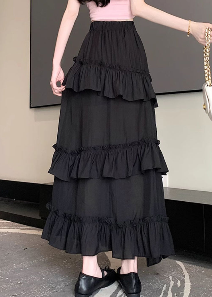 New Black Ruffled Elastic Waist Cotton Skirt Summer