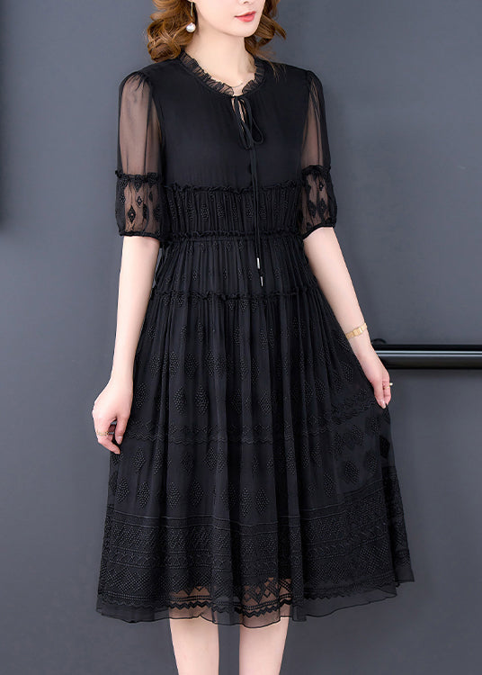 New Black Ruffled Embroidered Lace Up Silk Dresses Summer