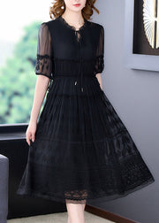 New Black Ruffled Embroidered Lace Up Silk Dresses Summer