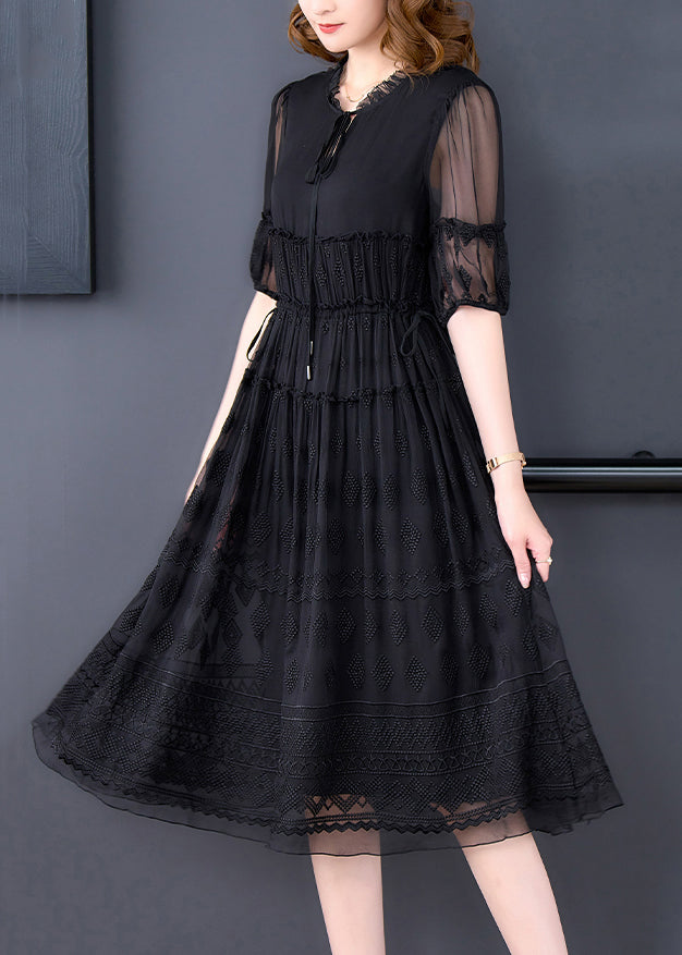 New Black Ruffled Embroidered Lace Up Silk Dresses Summer