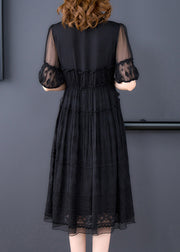 New Black Ruffled Embroidered Lace Up Silk Dresses Summer