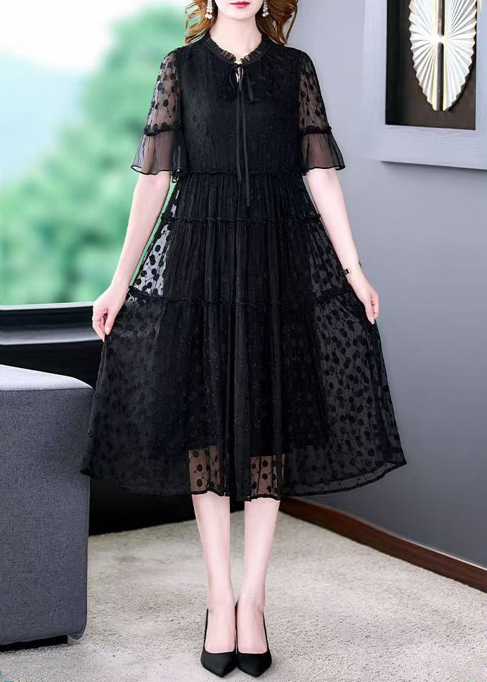 New Black Ruffled Lace Up Lace Dress Half Sleeve