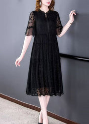 New Black Ruffled Lace Up Lace Dress Half Sleeve