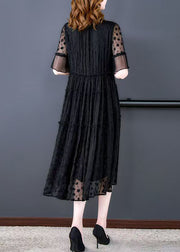 New Black Ruffled Lace Up Lace Dress Half Sleeve