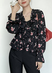 New Black Ruffled Print Chiffon Blouses Flare Sleeve