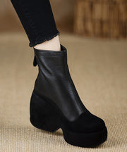 New Black Sheepskin Splicing Zippered Wedge Boots