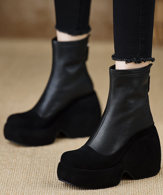 New Black Sheepskin Splicing Zippered Wedge Boots