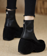 New Black Sheepskin Splicing Zippered Wedge Boots