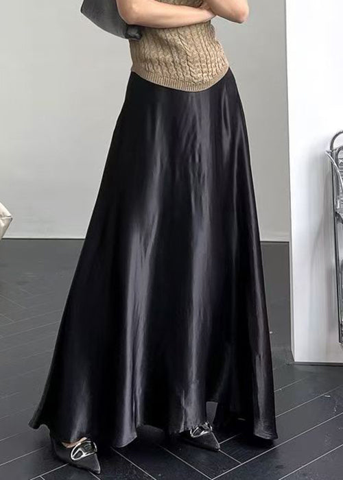 New Black Solid High Waist Silk Maxi Skirts Summer