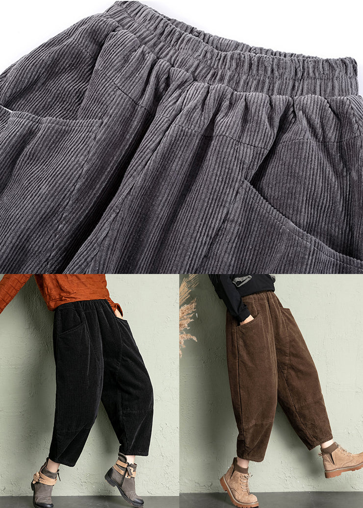 New Black Solid Pockets High Waist Corduroy Harem Pants