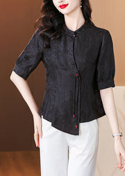 New Black Stand Collar Button Silk Shirt Half Sleeve