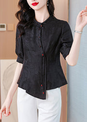 New Black Stand Collar Button Silk Shirt Half Sleeve