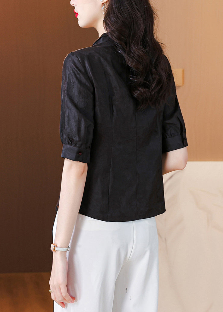 New Black Stand Collar Button Silk Shirt Half Sleeve