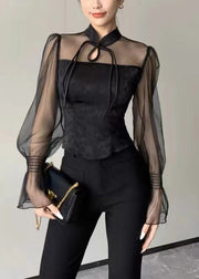 New Black Stand Collar Button Tulle Patchwork Shirt Fall