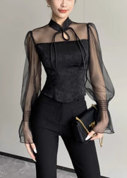 New Black Stand Collar Button Tulle Patchwork Shirt Fall