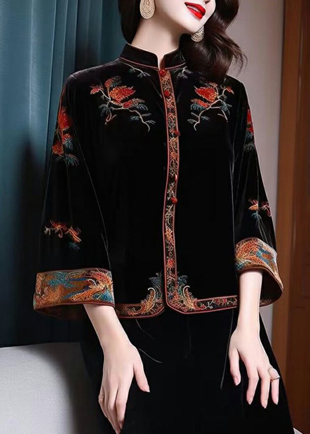 New Black Stand Collar Embroidered Patchwork Silk Velour Top Fall