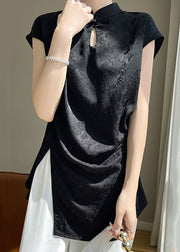 New Black Stand Collar Front Open Silk Blouse Summer