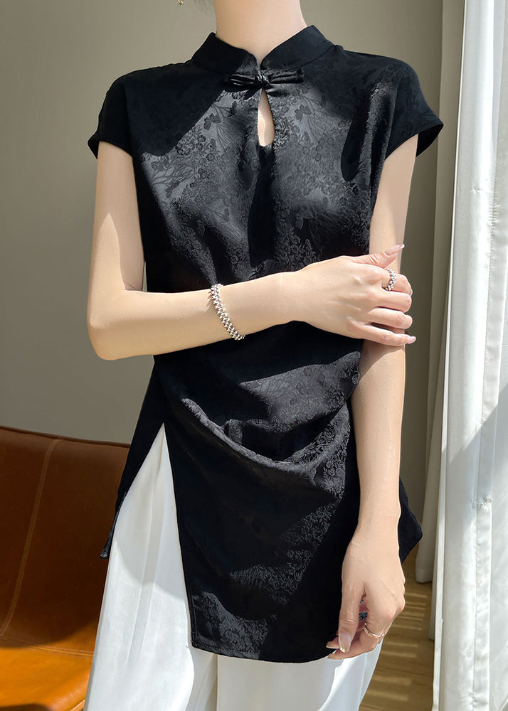 New Black Stand Collar Front Open Silk Blouse Summer