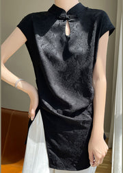 New Black Stand Collar Front Open Silk Blouse Summer