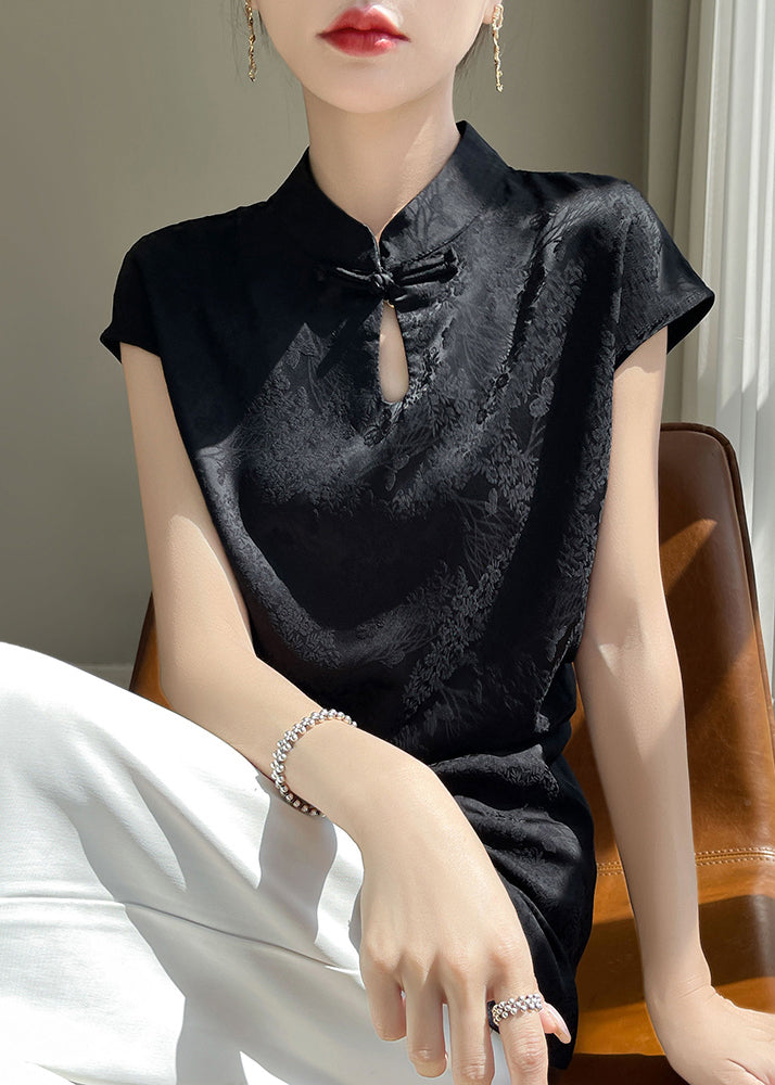 New Black Stand Collar Front Open Silk Blouse Summer