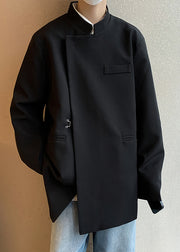 New Black Stand Collar Pockets Solid Spandex Men Coat Spring