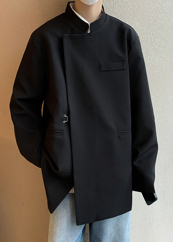 New Black Stand Collar Pockets Solid Spandex Men Coat Fall