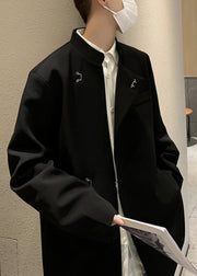 New Black Stand Collar Pockets Solid Spandex Men Coat Spring