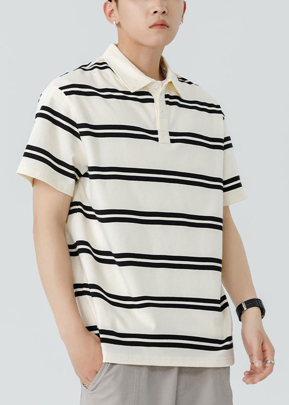 New Black Striped Button Cotton Men Polo Shirt Summer