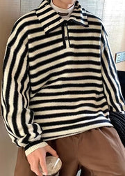 New Black Striped Turtleneck Button Knit Men Sweaters Fall