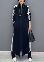 New Black Striped Zip Up Pockets Cotton Knit Long Dress Fall