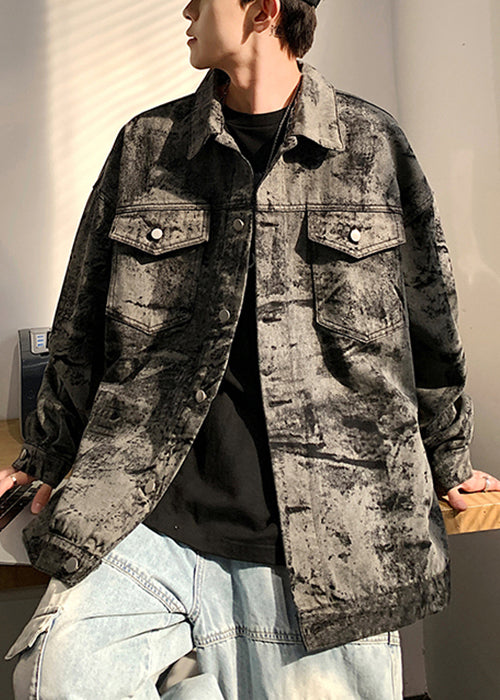 New Black Tie Dye Button Pockets Denim Mens Coats Spring