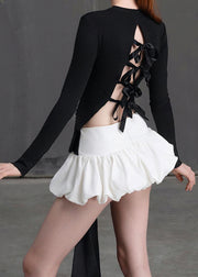 New Black Tops And White Skirts Lace Up Cotton Two Pieces Set Spring