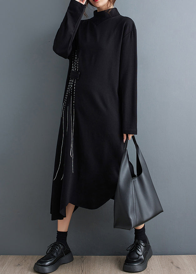 New Black Turtleneck Asymmetrical Cotton Long Dresses Fall