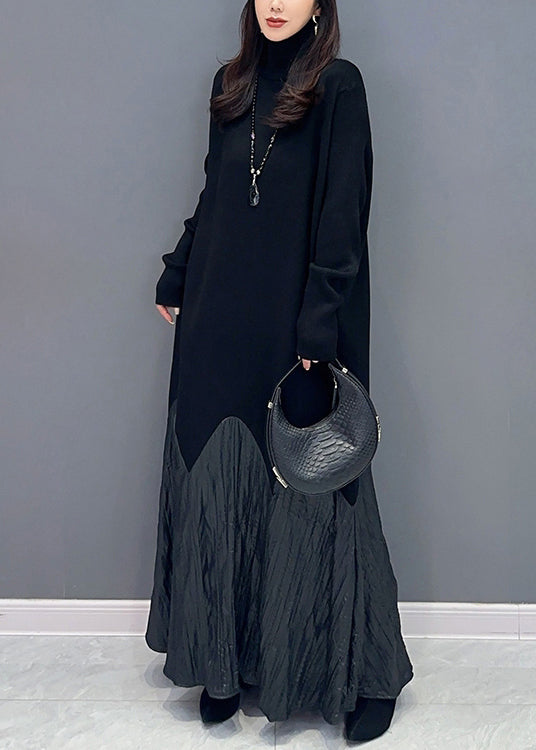 New Black Turtleneck Patchwork Cotton Long Dress Long Sleeve