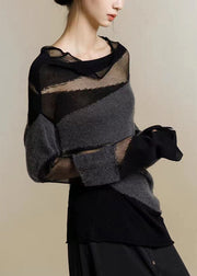 New Black Turtleneck Tulle Patchwork Thin Knit Sweaters Fall