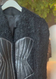 New Black V Neck Patchwork Teddy Faux Fur Cardigan Winter