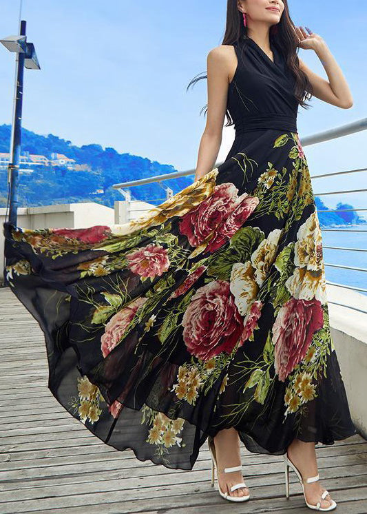 New Black V Neck Print Chiffon Long Dresses Sleeveless