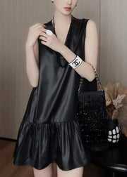 New Black V Neck Solid Silk Mid Dress Sleeveless