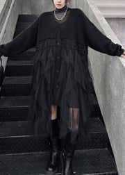 New Black V Neck Tulle Patchwork Cotton Knit Loose Cardigans Spring