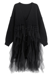 New Black V Neck Tulle Patchwork Cotton Knit Loose Cardigans Fall