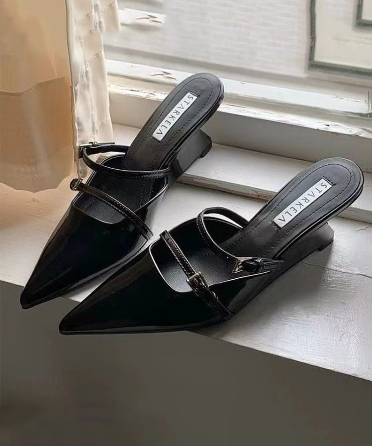 New Black Wedge Heel Pointed Toe Slide Sandals
