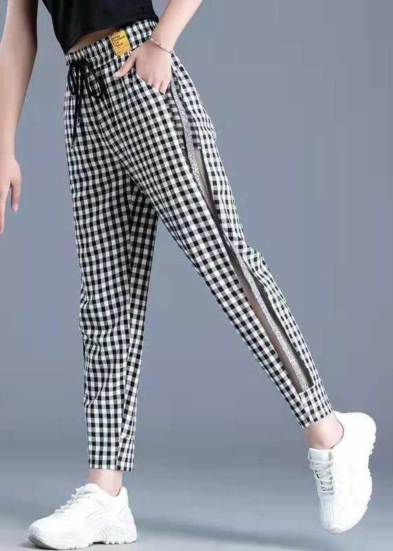 New Black White Plaid Tulle Patchwork Thin Cotton Pants Spring Summer