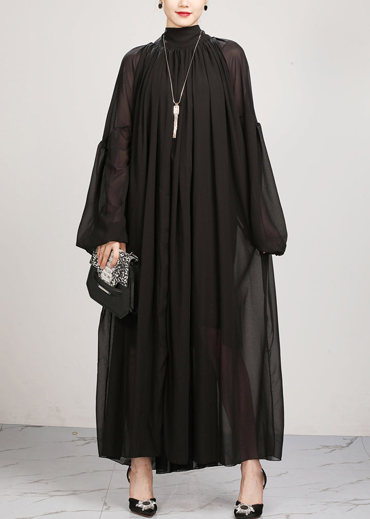 New Black Wrinkled Loose Chiffon Long Dress Fall