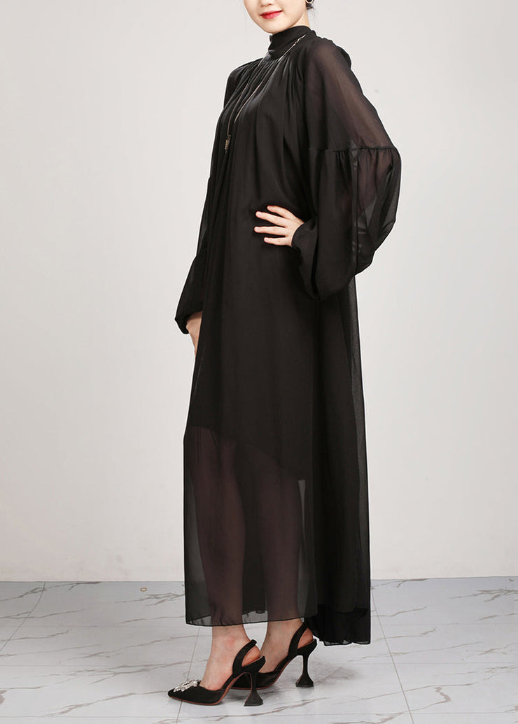 New Black Wrinkled Loose Chiffon Long Dress Fall