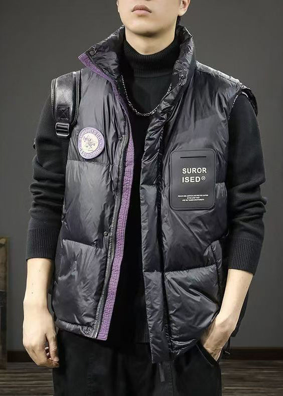 New Black Zip Up Pockets Patchwork Men Down Vest Winter