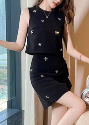 New Black Zippered Zircon Cotton Two Piece Set Sleeveless