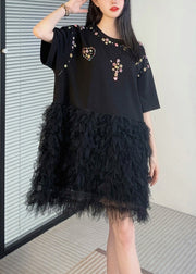 New Black Zircon Tulle Patchwork T Shirt Dress Summer